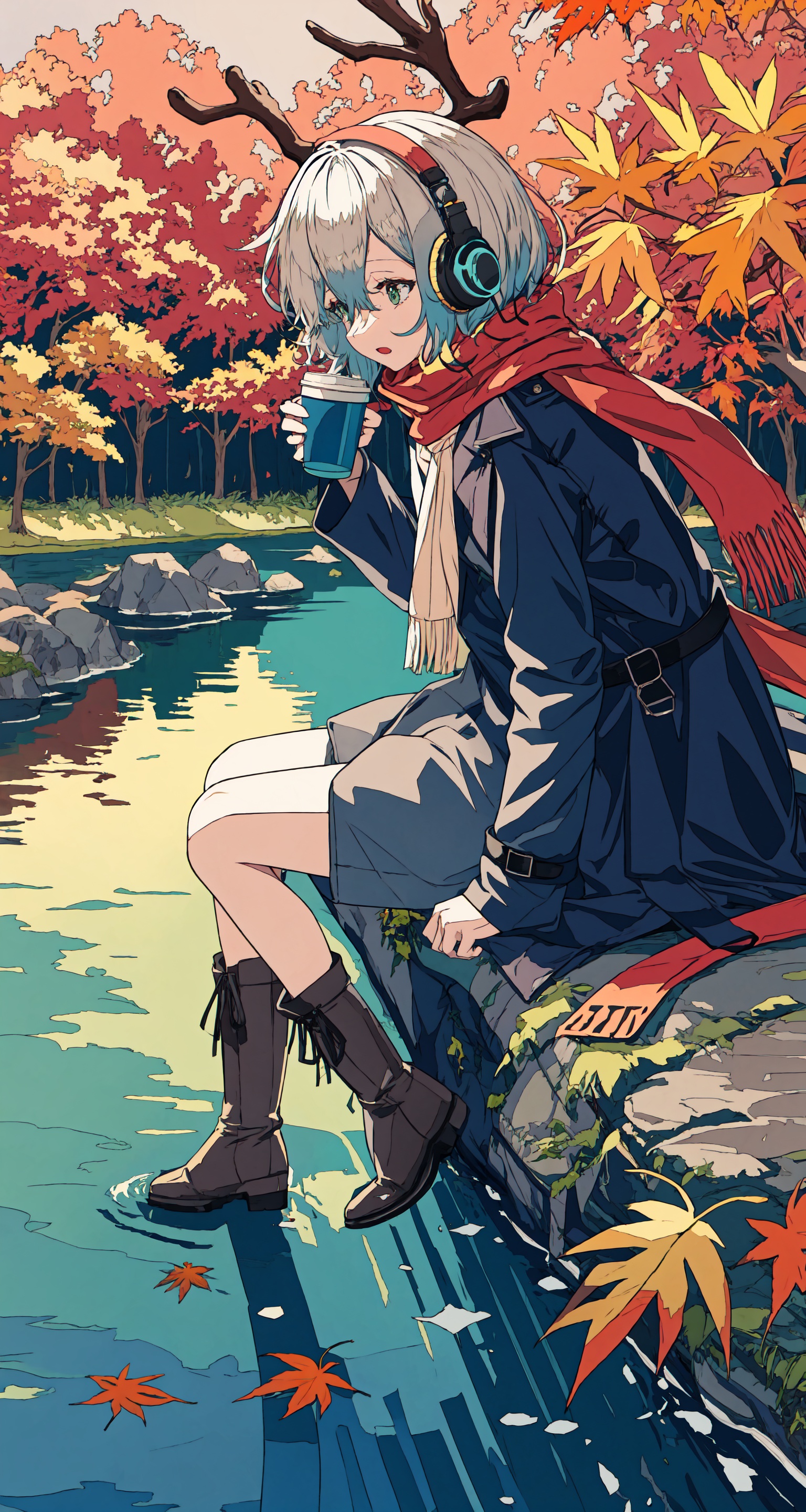 cabbie, loli, scarf, trench coat, sleeves past wrists, sleeves past fingers, hands hold cup, antlers, boots, headphones around neck, sitting on whiter, waterfall, autumn, for above, for back