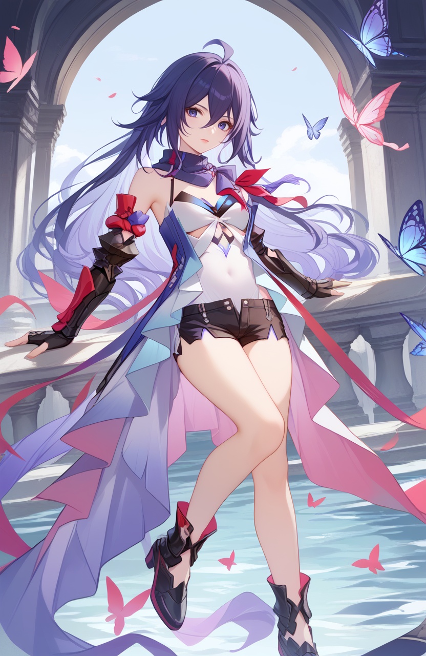 <lora:星铁希儿2pony:1>,seele (honkai: star rail),a girl named seele (honkai: star rail),1girl,solo,looking at viewer,bare shoulders,purple scarf,black shorts,covered navel,short shorts,black gloves,detached sleeves,fingerless gloves,black footwear,scarf,butterfly,, (score_9,score_8_up,score_7_up),(masterpiece,best quality,high quality:1.2),absurdres, prefect lighting, very aesthetic, anime BREAK