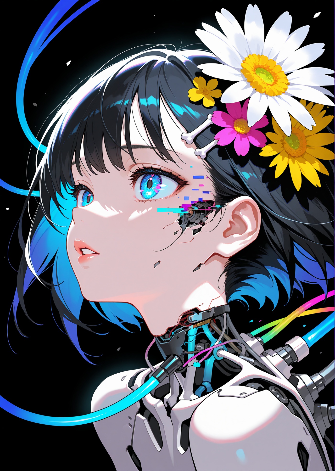 masterpiece,best quality,good quality,very awa,newest,highres,absurdres,1girl,solo,short hair,blue eyes,black hair,hair ornament,flower,parted lips,teeth,hair flower,lips,portrait,robot,skull,android,cable,cyborg,skeleton,damaged,bone,album cover,colorful,surreal,mechanical parts,abstract,glitch,cyberpunk,daisy,limited palette,sketch,glowing,psychedelic,, masterpiece,best quality,amazing quality,very aesthetic,absurdres,newest,scenery，masterpiece, best quality, amazing quality, very aesthetic, absurdres, newest,