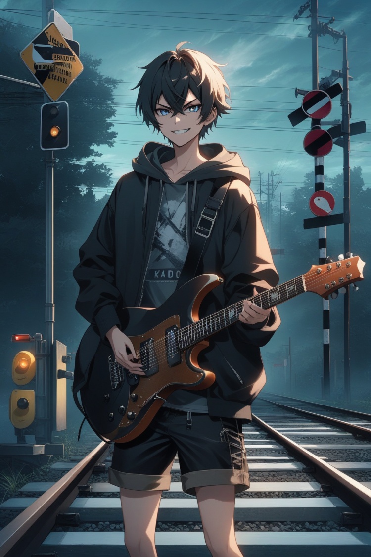 hoodie, shorts, very short hair, evil smile, 1boy, guitar, railroad crossing,