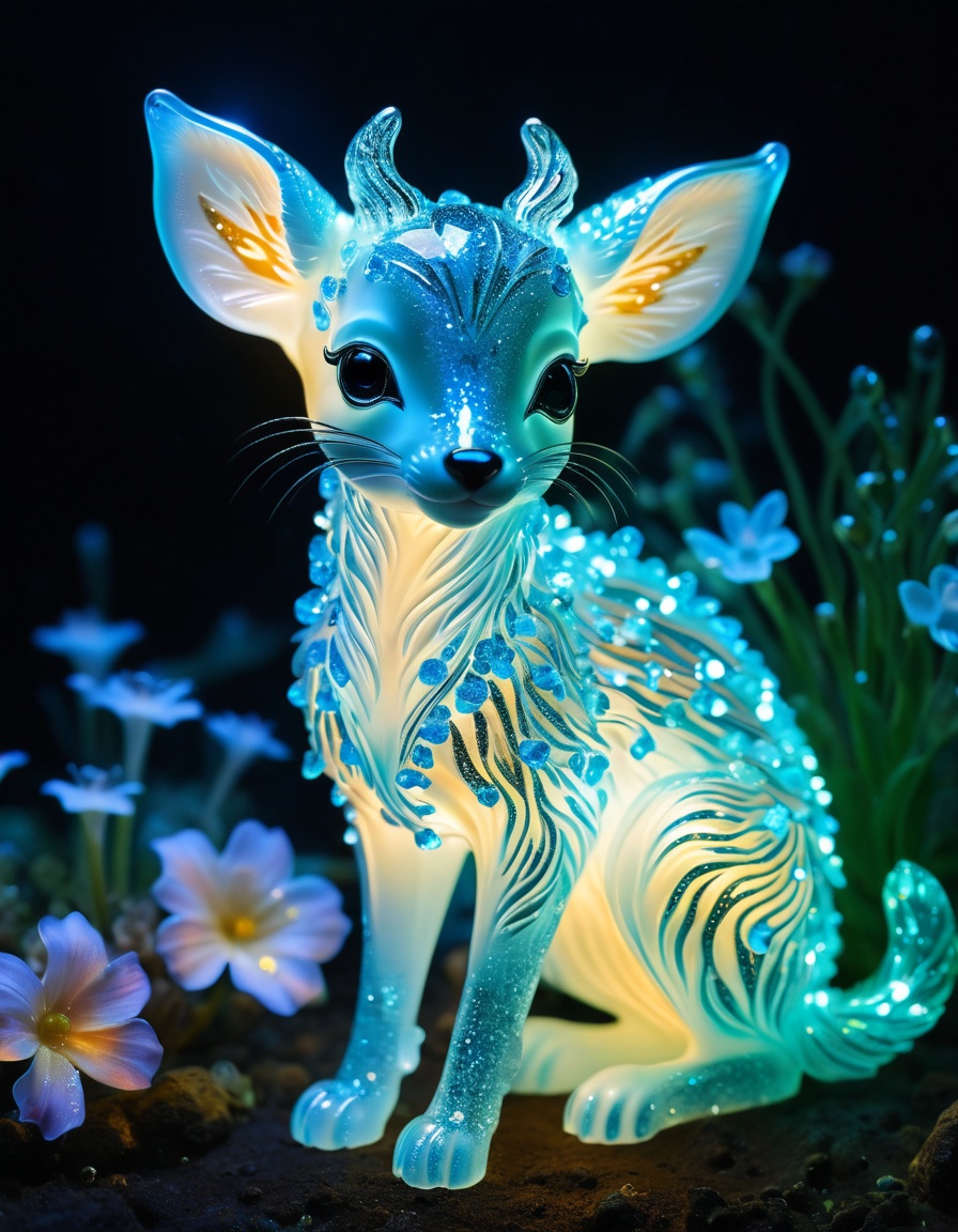delicate and transparent crystal glass sculpture very sad striped kitten filled with bioluminiscent flowers,  sparkling di...