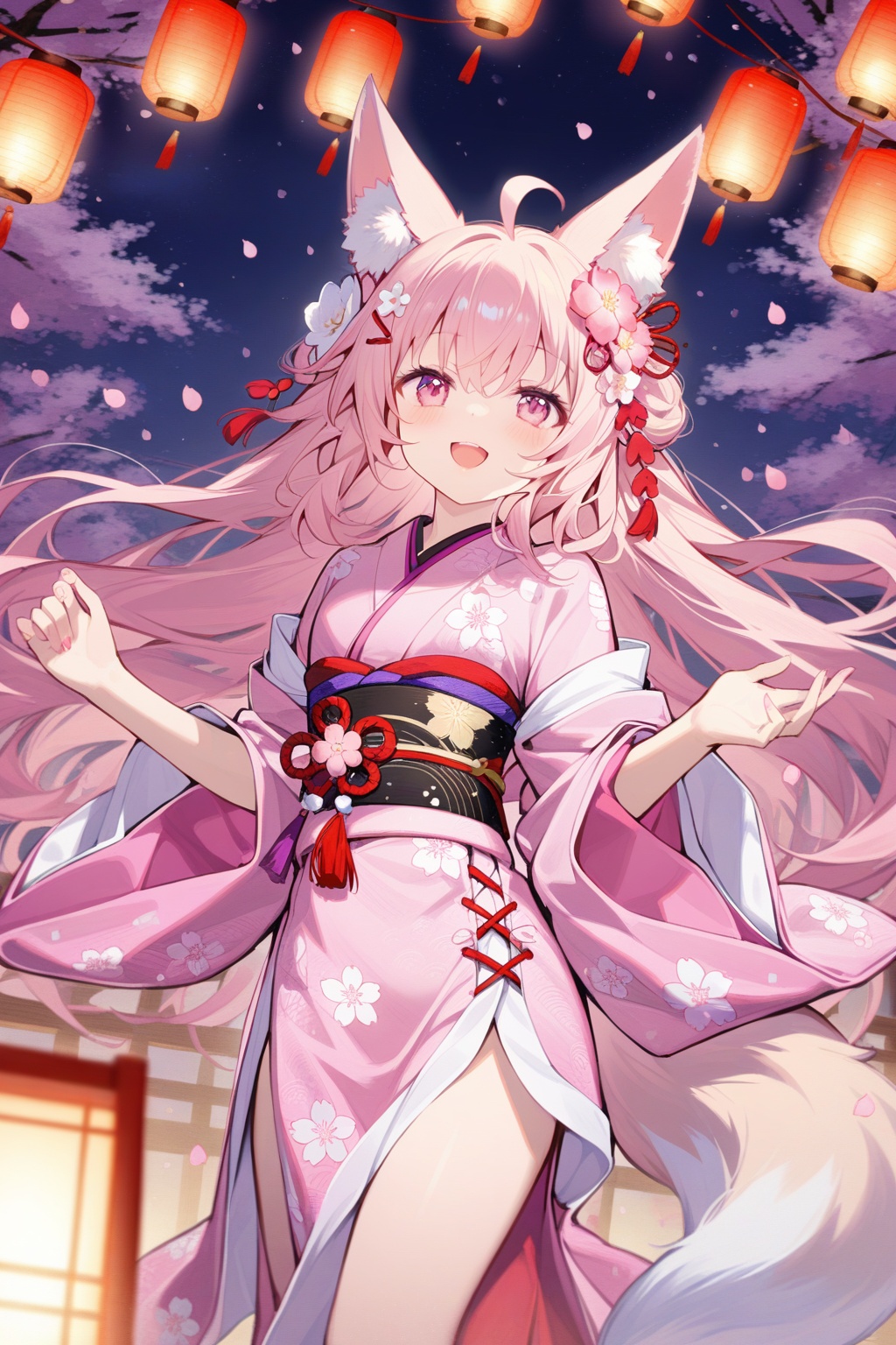 1girl, solo, lantern, kimono, animal ears, japanese clothes, flower, long hair, tail, looking at viewer, hair ornament, smile, hair flower, pink kimono, petals, pink eyes, fox tail, ahoge, fox ears, open mouth, animal ear fluff, :d, long sleeves, cherry blossoms, fox girl, blush, night, floral print, very long hair, wide sleeves, paper lantern, outdoors,
