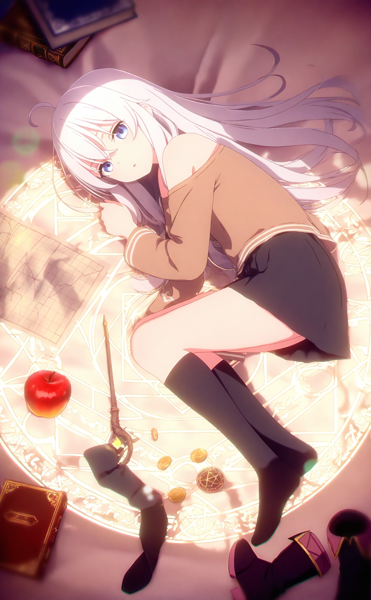 masterpiece,absurdres,best quality,loli,petite,high quality,chromatic_aberration,//,1girl, long hair, solo, apple, fruit, map, blue eyes, food, skirt, black socks, elaina \(majo no tabitabi\), on side, socks, lying, white hair, looking at viewer, no shoes, off shoulder, ahoge, book, cover image, bare shoulders, hexagram, pleated skirt, from above, unworn shoes, wand, shirt, unworn boots, long sleeves, brown shirt, coin, magic circle, black skirt, thighs, hair spread out, miniskirt, jewelry, parted lips, on bed, bed sheet, kneehighs, red apple, legs, closed mouth, full body//,Depth of field,(colorful),hdr,Tyndall effect,depth of field,Tyndall Effect,blurry,blurry_background,depth_of_field,bokeh,glowing,//,<lora:MMDguangwuran2——【noob】hans:1.15>,