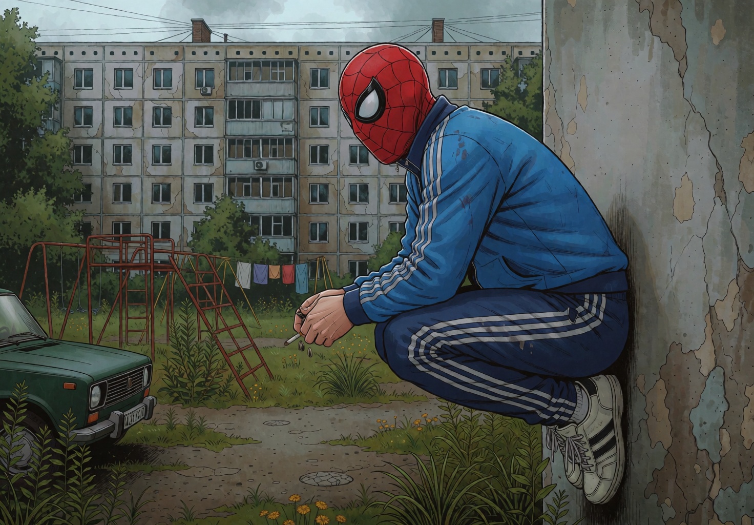 A Russian gopnik in a faded blue Adidas-style tracksuit with white stripes,  wearing a red Spider-Man mask,  crouched in t...