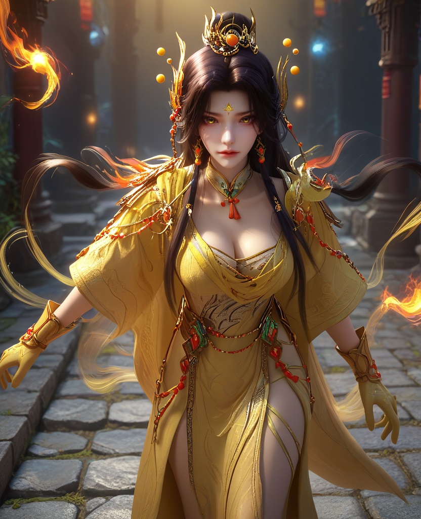 (jogging:1.1),(large breasts:1.2),<lora:XL16云深不知梦羲和众生愿:0.95>,miss xihe,white tiered dress,yellow shawl,yellow eyes,forehead mark,glowing facial mark,black hair,traditional chinese updo with long front strands,absurdly long hair,hair ornament,jewelry,yellow gloves,, score_9,score_8_up,score_7_up,score_6_up,score_5_up,score_4_up,3d rendering,tag1,tag2, Cinematic Lighting,backlighting,