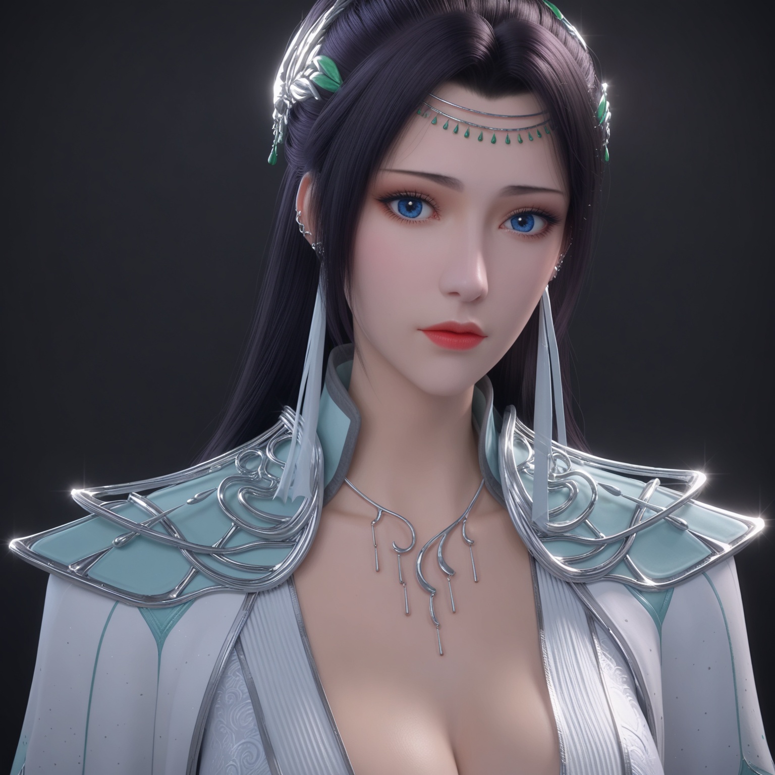 1girl,solo,<lora:ponyyunyunzzfzV1:0.8>,score_9,black_hair,long_hair,jewelry,breasts,earrings,dress,hair_ornament,necklace,cleavage,realistic,blue_eyes,BREAK score_9,upper_body,portrait,shiny_skin,looking at viewer,cinematic lighting,volumetric lighting,solo focus,(huge breasts:0.9),(simple background,pure black background,black background:1.1),