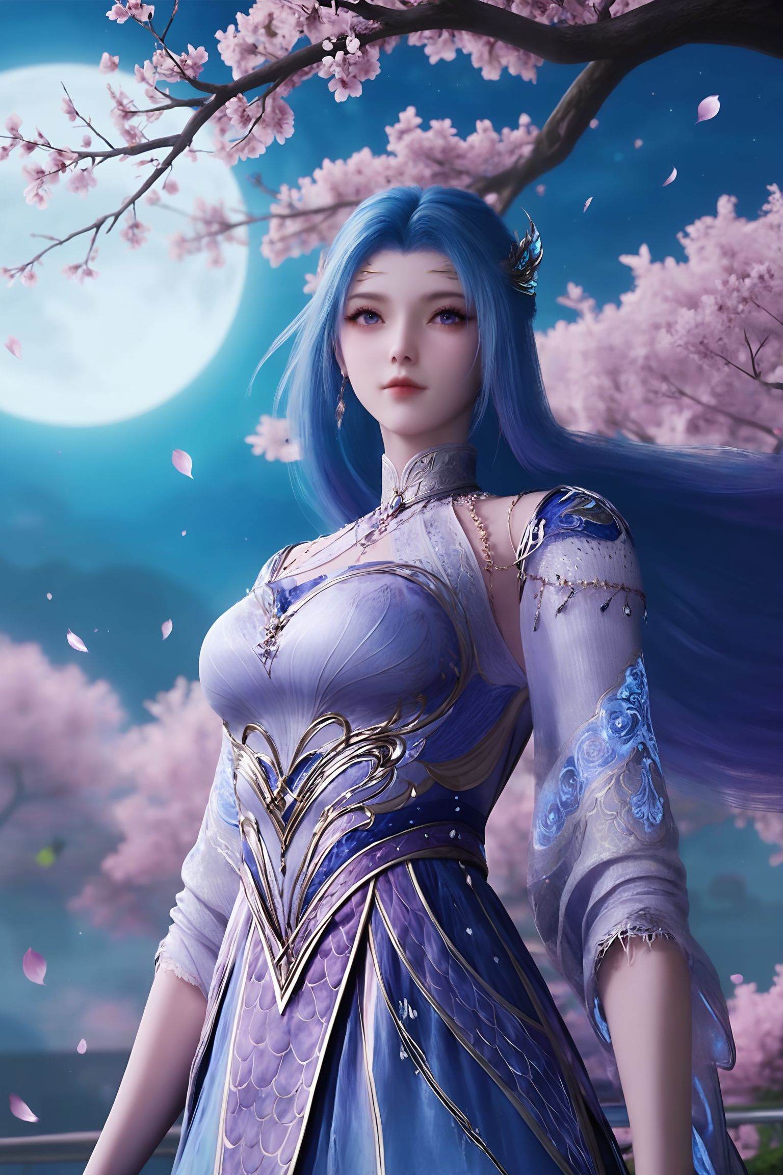 <lora:斗罗大陆2-唐舞桐pony:0.8>,1girl,long,flowing blue hair,sparkling silver accessories,form-fitting,elegant gown in a light,ethereal blue,with intricate,flowing patterns,high collar,long sleeves,flowing skirt,, masterpiece,best quality,solo,1girl,upper body,petals,looking at viewer,moon,branch,cherry blossoms,flower,extreme aesthetic,(quasarcake:0.7),masterpiece,best quality,good quality,newest,very aesthetic,absurdres,A shot with tension,(Visual impact,giving the poster a dynamic and visually striking appearance:1.2),impactful picture,offcial art,colorful,splash of color,movie perspective,