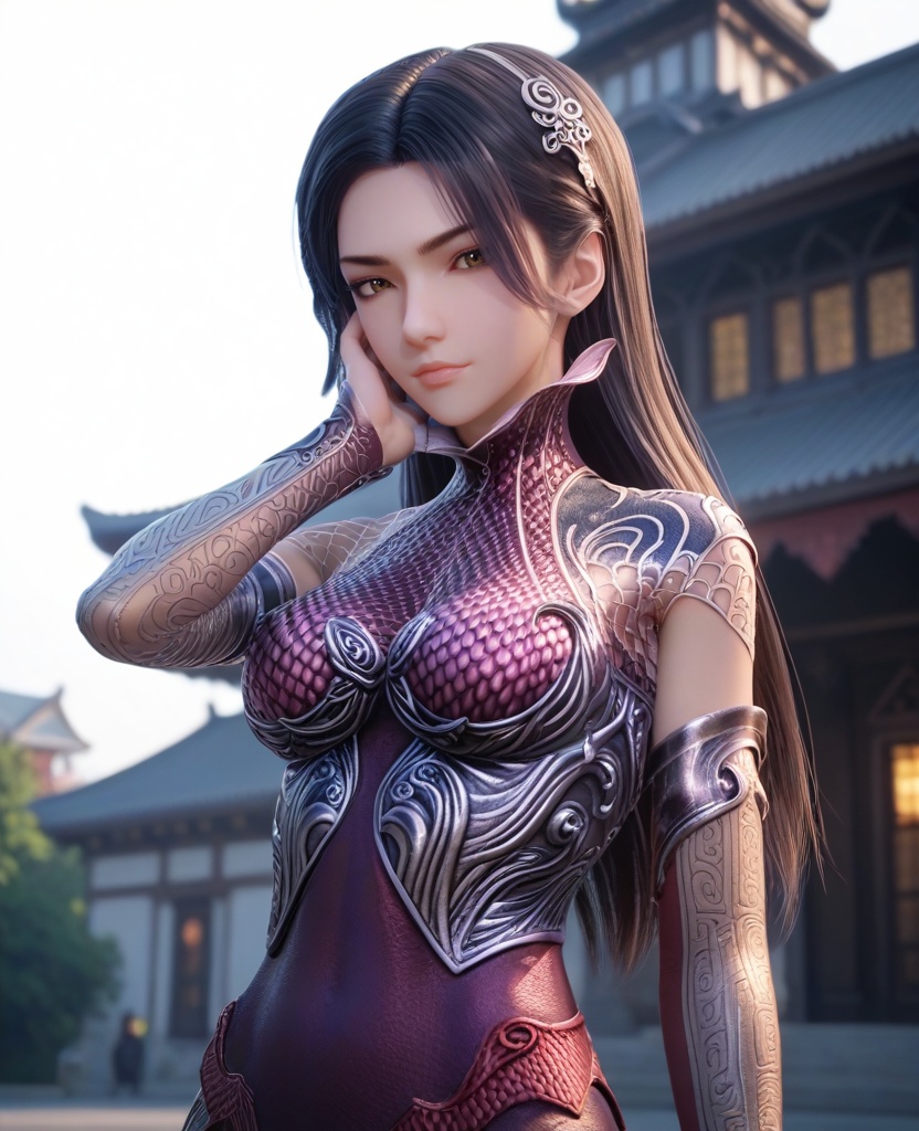 (oriental architecture, elegant decor, sophisticated style:1.1),(Hands on face, covering eyes,:1.1),(breasts:1.2), <lora:XL16秦时明月惊鲵:0.95> miss jingni, corset dress with purple topwear and silver skirt, brown eyes, black hair, long hair, detached sleeves, barrettes, black leather left shoulder cut and mesh fabric on right shoulder, side slit, fishnet pantyhose, score_9,score_8_up,score_7_up,score_6_up,score_5_up,score_4_up,3d rendering,tag1,tag2, Cinematic Lighting,backlighting,