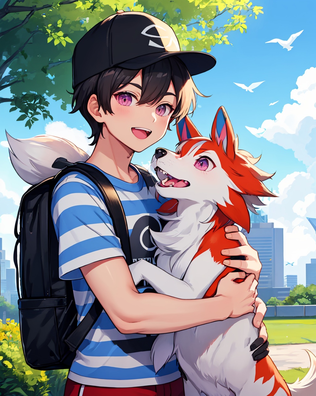 masterpiece,best quality, highly detailed, lycanroc,pokemon (creature), 1boy, z-ring, striped shirt, smile, t-shirt, baseball cap, male focus, open mouth, hug, bird, backpack, tree,<lora:lycanroc:1>