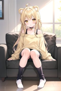 1girl, solo, long hair, looking at viewer, blush, bangs, blonde hair, long sleeves, bow, animal ears, bare shoulders, brown eyes, sitting, collarbone, full body, yellow eyes, braid, ahoge, parted lips, shorts, choker, day, socks, puffy sleeves, indoors, off shoulder, :o, sweater, sleeves past wrists, short shorts, window, single braid, bell, black choker, chair, no shoes, black shorts, stuffed toy, stuffed animal, white socks, couch, teddy bear, wooden floor, on couch, brown sweater, on chair, off-shoulder sweater, armchair, yellow sweater