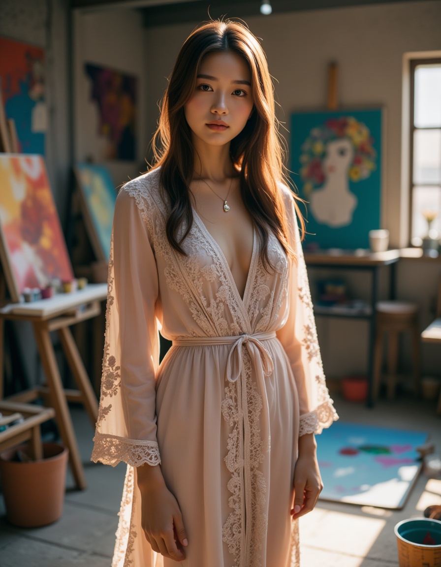 A best quality,  masterpiece raw photo of a girl in a long floral lace robe with ornate details,  adorned with gold jewelr...