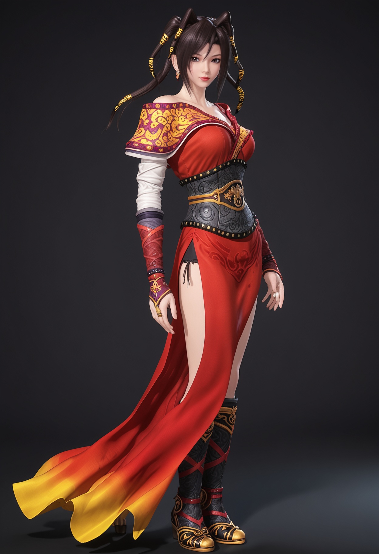 (full_body:1.1),(looking at viewer:1.1),facing viewer,direct gaze,<lora:YQ_pony_cilian_V4:0.8>,1girl,solo,black hair,brown eyes,jewelry,brown hair,earrings,dress,hair ornament,long hair,twintails,red dress,chinese clothes,boots,black eyes,side slit,sash,armor,ponytail,BREAK (white skin:1.1),(fair skin:1.1),(Ivory skin:1.1),(shiny skin),perfect anatomy,(simple background,pure black background,black background:1.1),