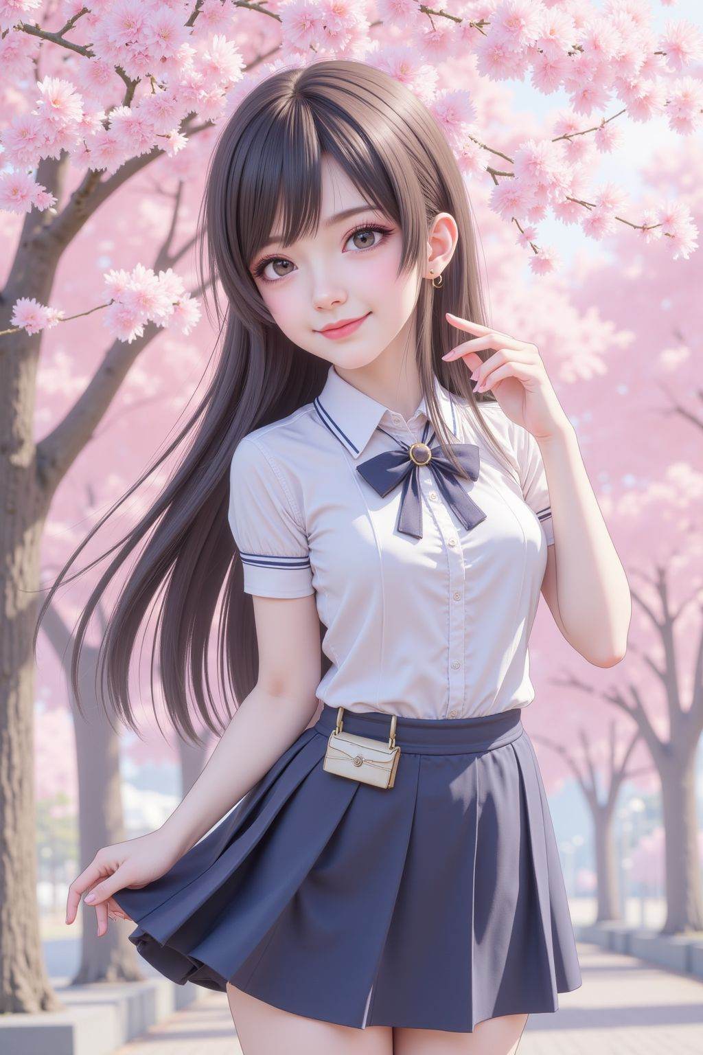 1girl,school uniform,skirt,smirk,solo,long hair,looking at viewer,peach tree,peach blossom,petals,closed mouth,