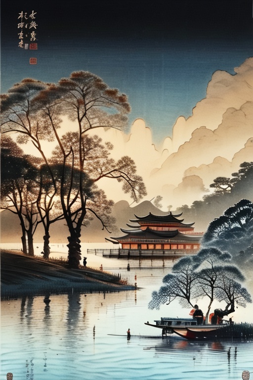 Jianghu sentiment, Landscape Ink Painting, 1boy, outdoors, sky, water, from behind, tree, night, scenery, branch, watercraft, bare tree, boat