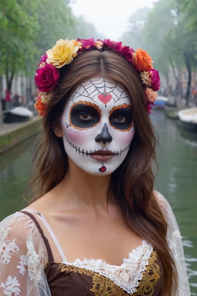 Brown hair female in Catrina Makeup face paint,  Foggy Canals in European Cities,  Steadicam Walking Through a Forest on T...