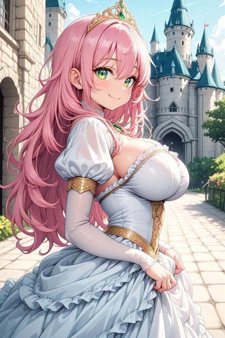 1girl, solo,a cute girl, cute round face,princess, wearing princess costume, princess dress with many frills, tiara on hair,happy smile, closed mouth,from side,standing, cowboy shot, looking at viewer,fantasy world, castle,large breasts,pink hair, long hair, messy hair, green eyes, hair between eyes,, masterpiece,best quality,amazing quality,
