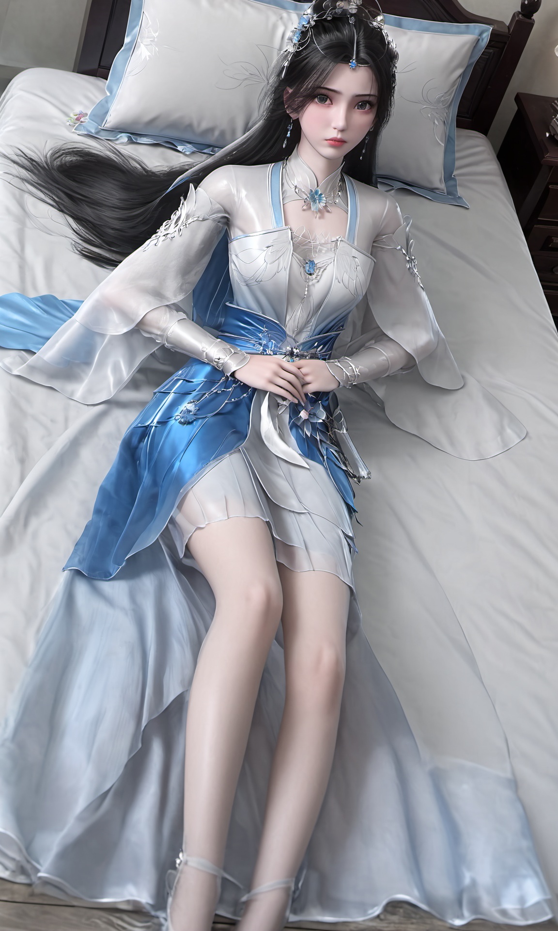 Limuwan,front view of a girl with long black hair wearing white tulle and  blue long skirt,(lying down:1.1),(lying on the bed:1.1),(bare legs:0.8),highly detailed,ultra-high resolutions,32K UHD,best quality,masterpiece,reflective,in the bedroom,<lora:国漫千幻 仙逆-李慕婉（新建模）19:1>,