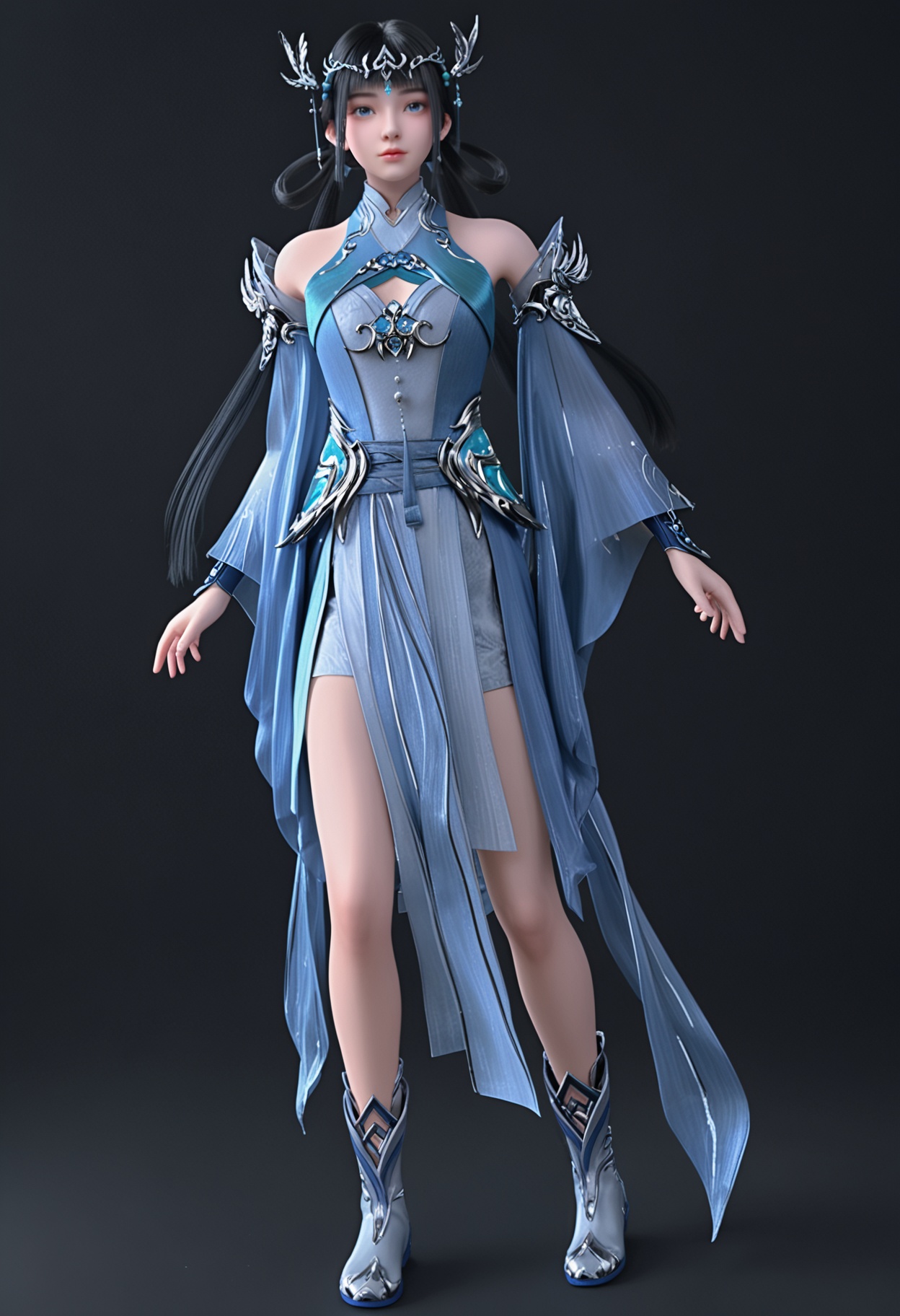 (looking_at_viewer:1.2),full body,standing,<lora:YQ_pony_jianyan_V4:0.8>,1girl,q1528437228,solo,black hair,long hair,hair ornament,chinese clothes,hair rings,blue eyes,twintails,jewelry,tiara,earrings,boots,circlet,low twintails,ponytail,blunt bangs,(simple background,pure black background,black background:1.1),perfect_anatomy,