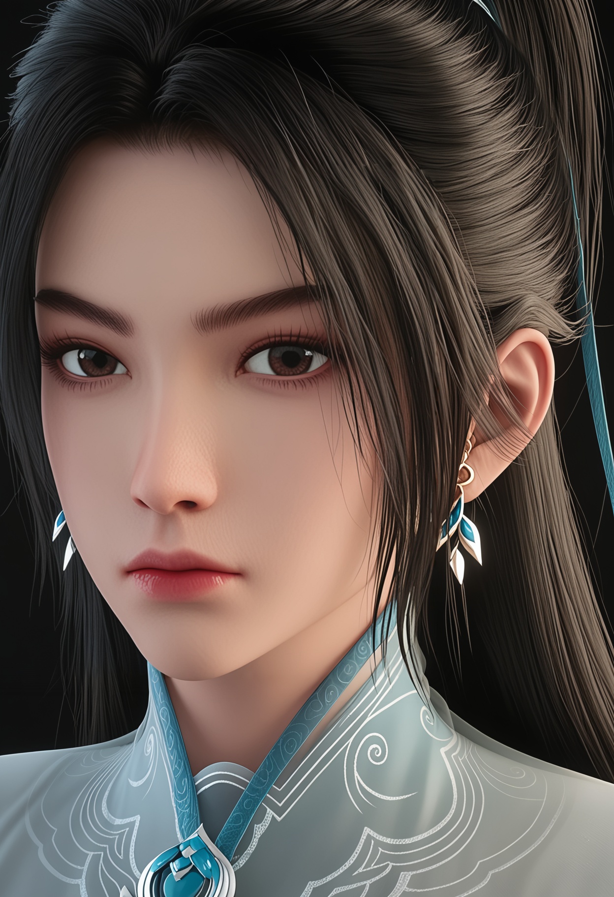 (upper_body:1.2),score_9,score_8_up,masterpiece,(best quality),intricate details,1girl,facing viewer,(looking at viewer:1.1),<lora:YQ_pony_ningyao3.0_V6:0.95:lbw=1,1,1,1,1,1,1,1,1,0.8,0.8,0.1>,q1528437228,1girl,solo,long hair,jewelry,earrings,chinese clothes,white dress,ponytail,black hair,long sleeves,brown hair,hair ornament,brown eyes,black footwear,pants,hair bun,sheath,hair ribbon,BREAKscore_9,score_8_up,masterpiece,(best quality),perfect anatomy,(hourglass),perfect face,(simple background,pure black background,black background:1.1),fair_skin,shiny_skin,Ivory_skin,