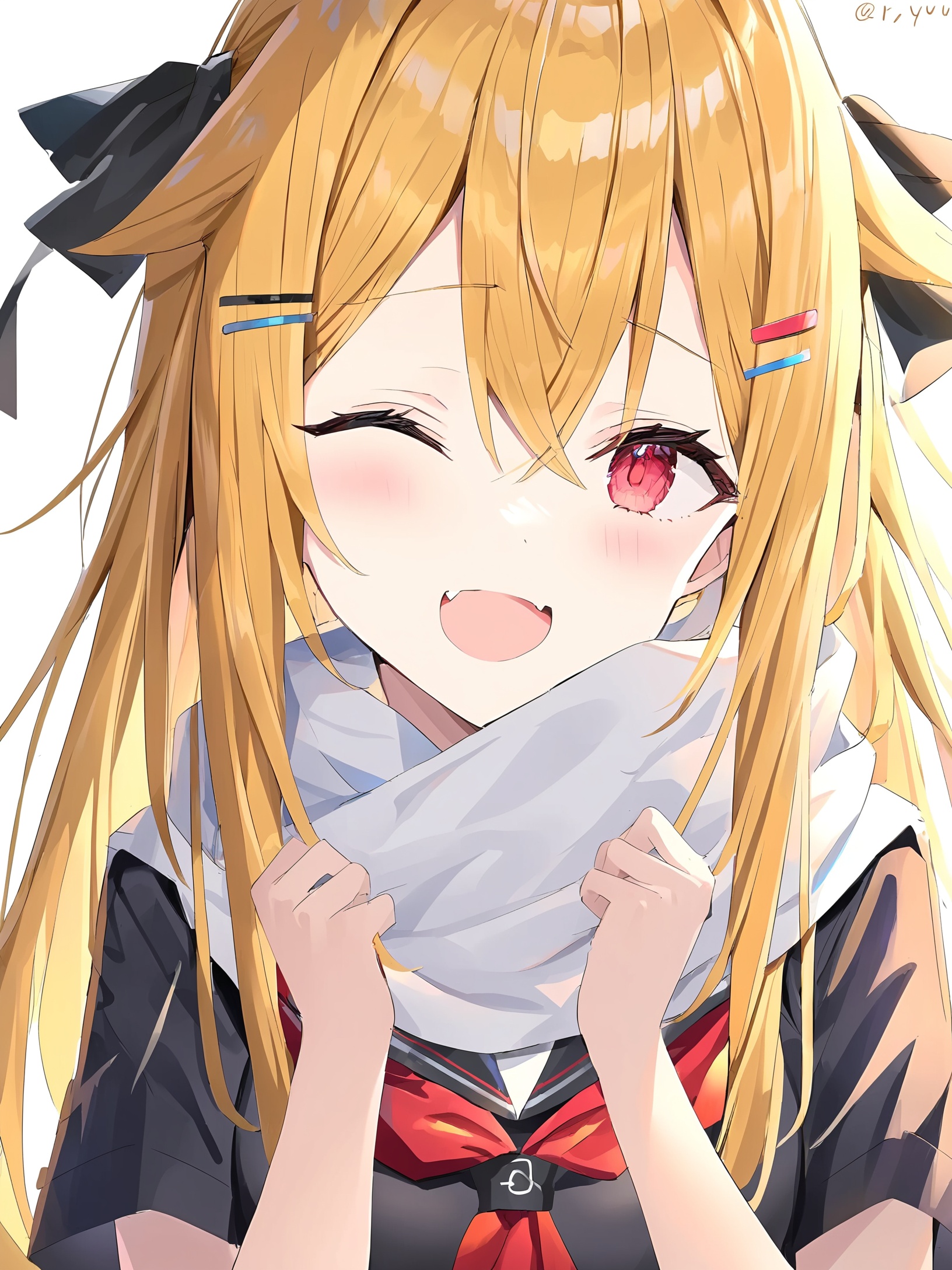 1girl,   rin yuu, simple background, black serafuku, blush, white background, fang, medium breasts, hair ribbon, serafuku, red neckerchief, twitter username, open mouth, one eye closed, solo, long hair, hairclip, looking at viewer, hair ornament, smile, breasts, hair flaps, school uniform, messy hair, red eyes, straight hair, white scarf, blonde hair, short sleeves, upper body, neckerchief, black ribbon, scarf, ribbon, masterpiece, best quality, newest, absurdres, highres, safe