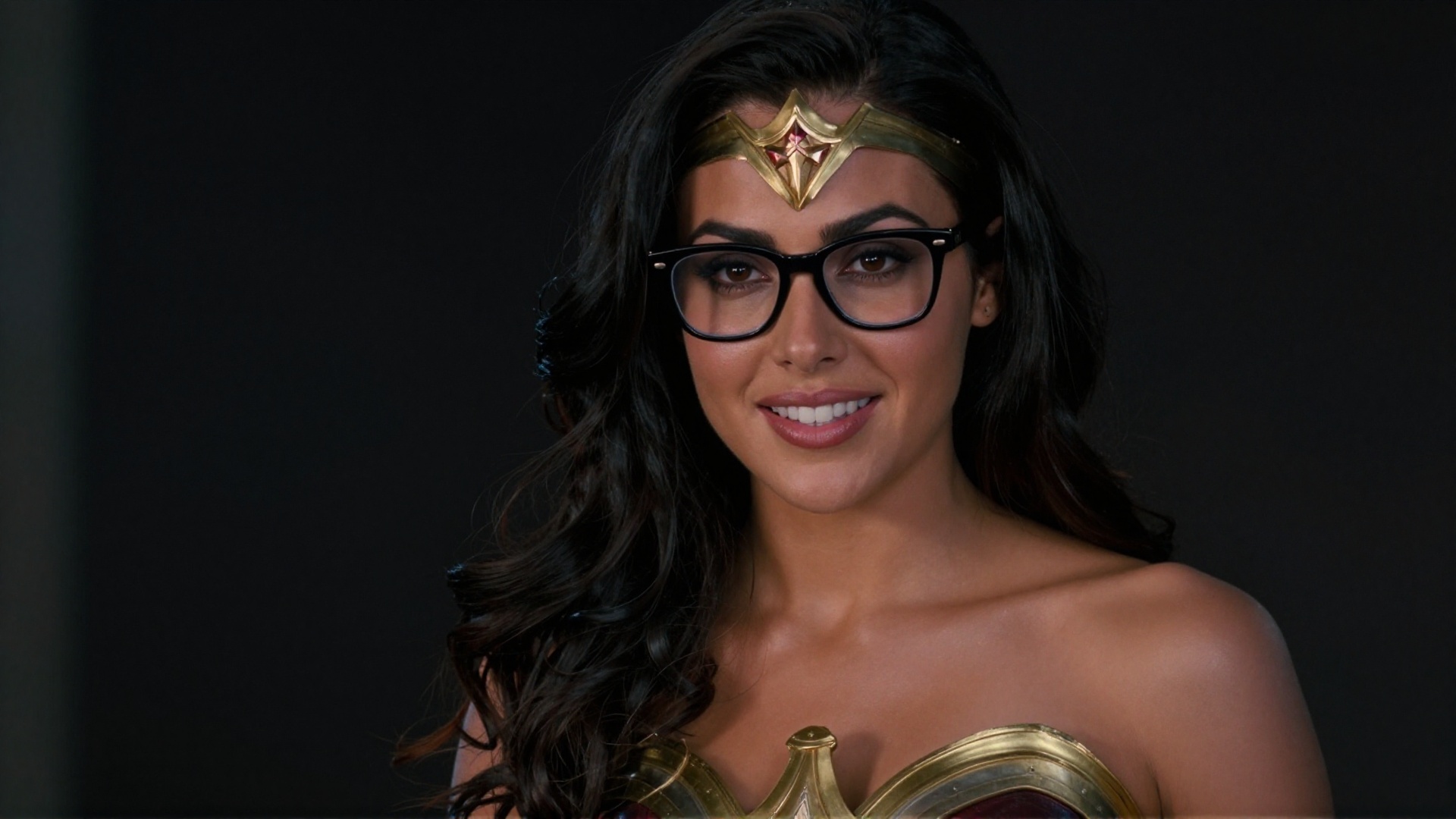 cinematic film still of cinematic Realistic style Young Diana Prince a woman with glasses smiling at the camera,  perfect...