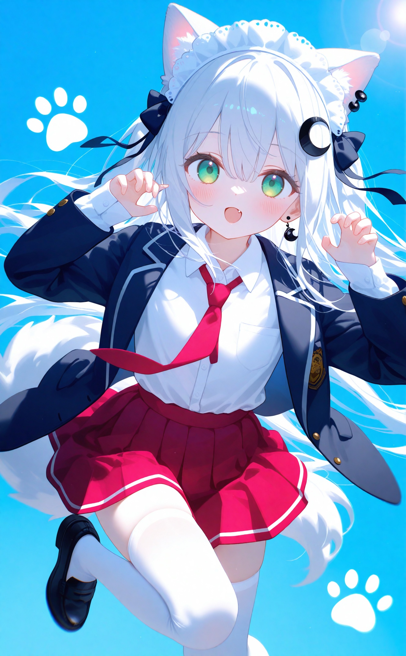 masterpiece,very aware,highres,absurdres,newest,best quality,high quality,loli,petite,chromatic_aberration,Light Blue Theme,lens_flare,dynamic_angle,cinematic_angle,//,artist:konya_karasue,//,1girl,animal ears,solo,skirt,thighhighs,blue background,pleated skirt,jacket,tail,necktie,white thighhighs,green eyes,shirt,white shirt,hair between eyes,shoes,black jacket,red necktie,red skirt,black footwear,long sleeves,open mouth,dog ears,dog tail,collared shirt,blazer,dog girl,loafers,looking at viewer,grey hair,blush,paw print,long hair,school uniform,animal ear fluff,simple background,full body,hair ornament,maid headdress,ear piercing,black bow,earrings,:d,piercing,bow,smile,hands up,fang,hair bow,white hair,paw print background,dress shirt,crescent hair ornament,sleeves past wrists,jewelry,:o,virtual youtuber,