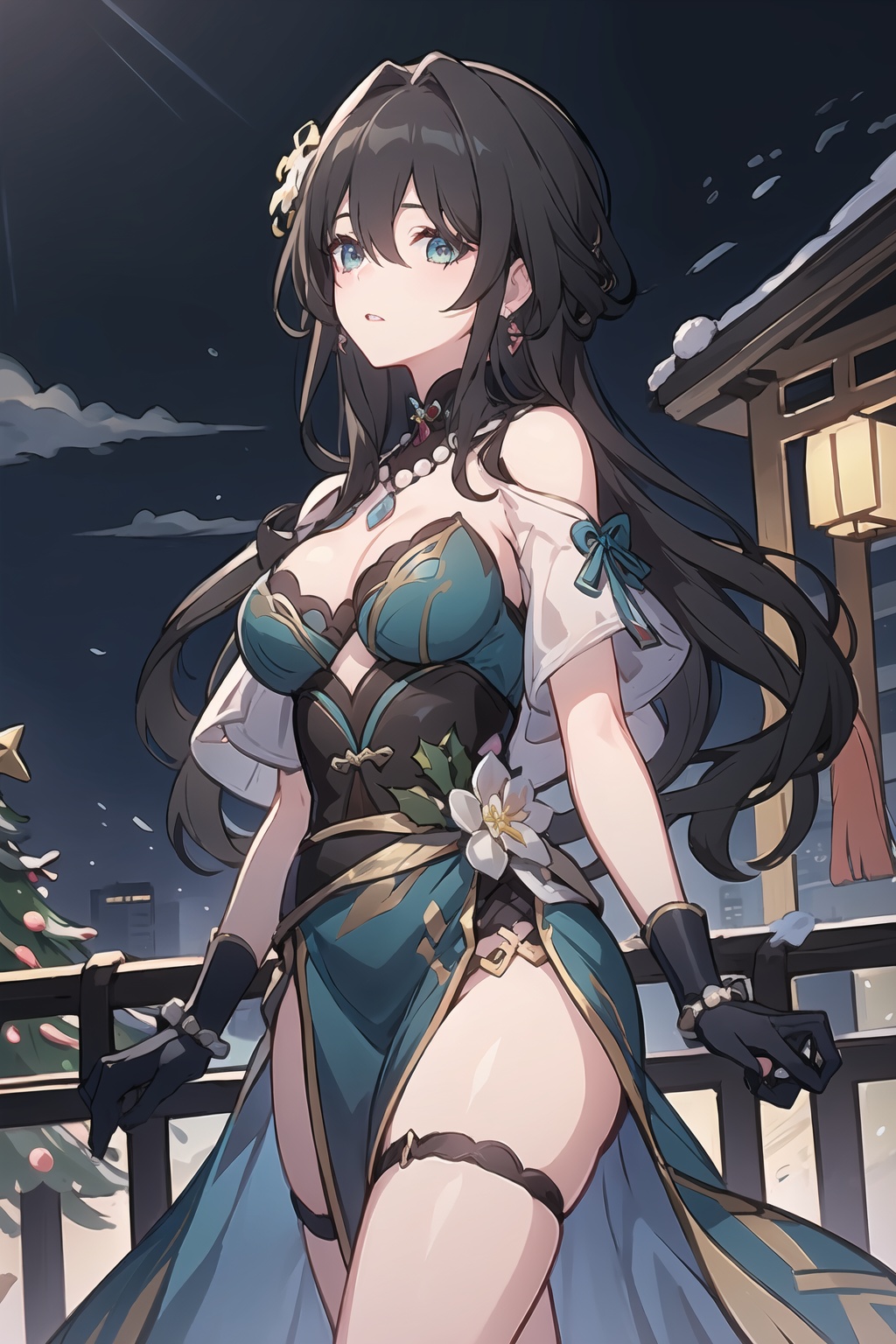 masterpiece,best quality,detialed,ruanmei,ruanmei_official,chinese dress,breasts,long hair,hair between eyes,black hair,bangs,medium breasts,cleavage,hair ornament,thigh strap,white flower,beads,gloves,jewelry,flower,dress,earrings,bare shoulders,blue dress,hair intakes,ruby necklace,black choker,green eyes,blue eyes,<lora:阮梅-0.8-逐辰十七:0.8>,1girl,christmas,lineart,Parted lips,from side,fences,skyline,