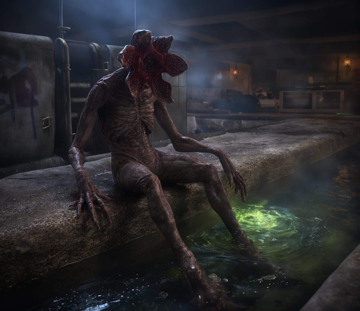 Photorealistic horror scene of a demogorgon:3 sitting relaxed on the cracked concrete bank of an underground sewer canal a...