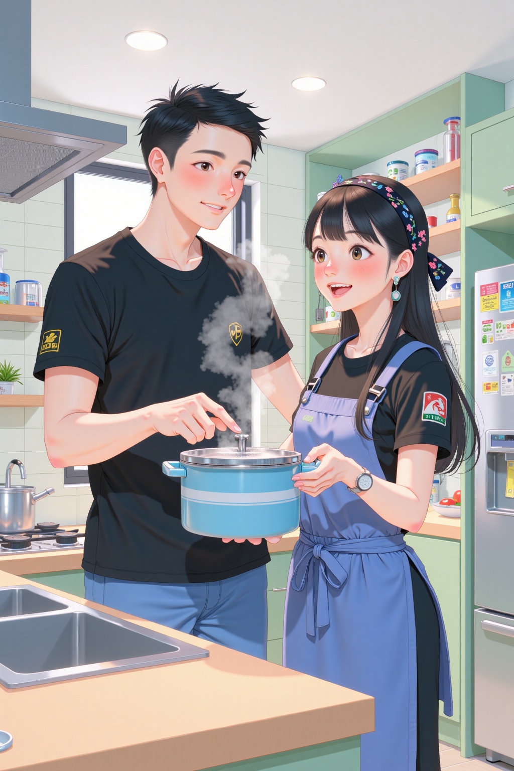 beijihui,beijihui,An animated cartoon image of a man and a woman in a kitchen. The man is wearing a black short sleeve shirt and blue pants. The woman is holding a blue pot with a white stripe on it. She has long black hair and a black scarf on her head. She is looking at the man with a big smile on her face. The kitchen is filled with a silver sink. There is a silver refrigerator on the right side of the image.,