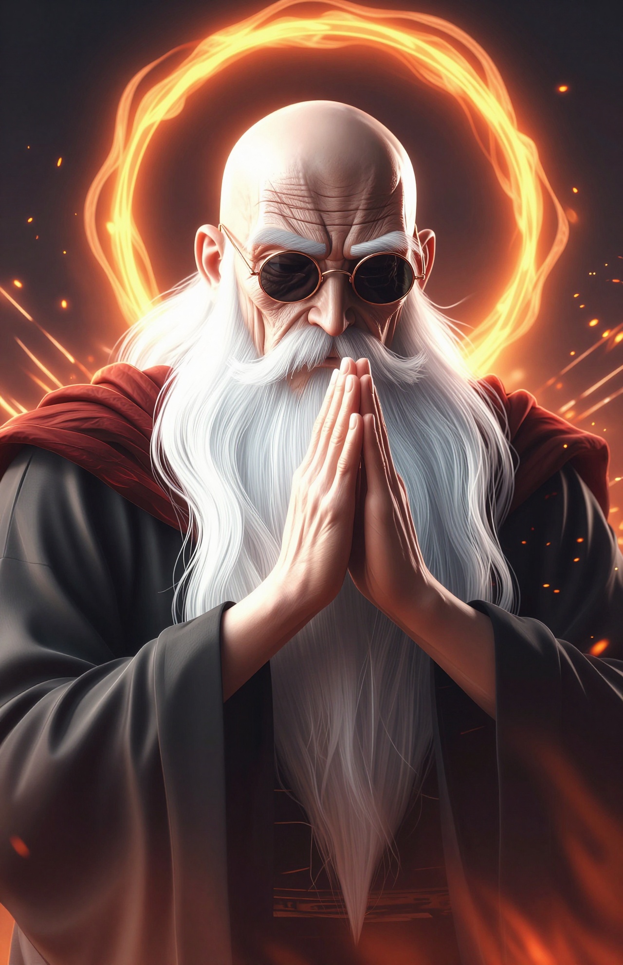 YY Anime style,This is a digitally rendered image of a bald, elderly man with a long, flowing white beard and wearing round, dark sunglasses. He is depicted in a praying or meditative pose with his hands pressed together in front of his face. The man's skin is pale, and he has a stern, focused expression. He is dressed in a dark, loose-fitting robe with a red, fur-trimmed shoulder cape. The background is dark, with a glowing, fiery orange halo surrounding his head, and numerous small, bright orange sparks flying around him. The sparks and glowing halo create a dynamic, energetic effect, emphasizing a sense of power or mysticism. The lighting highlights the texture of his beard and the wrinkles on his forehead, adding depth to his character. The overall style is reminiscent of fantasy or sci-fi art, with a focus on dramatic lighting and intense, contrasting colors. The image conveys a sense of ancient wisdom and magical power.