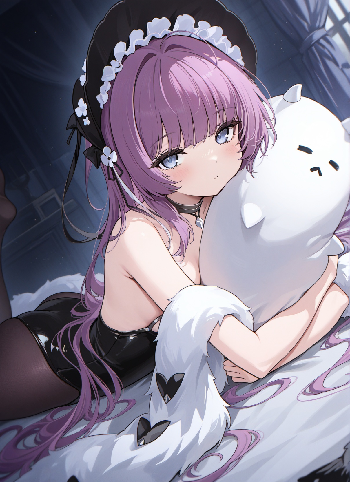 <lora:tashkent_IL_v1.0:1>,tashkent \(the sprite's snapshot\) \(azur lane\),strapless leotard,pantyhose,shawl,headwear,on stomach,hugging object,dutch angle,, masterpiece,best quality,