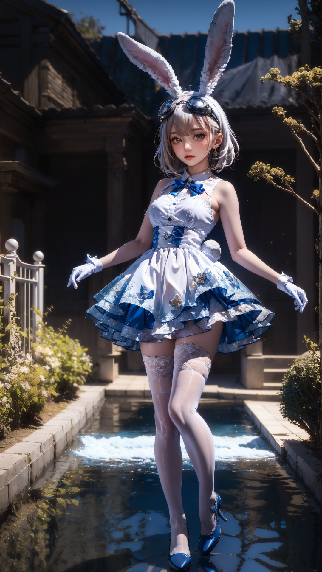 tutututu,1girl,solo,rabbit ears,white dress,white gloves,white thighhighs,blue footwear,goggles on head,sleeveless dress,bangs,blue bow,white hair,short hair,<lora:SY-000010:0.85>,***** Alice in wonderland standing in stream,large mushrooms in background,highly detailed,Beautiful lighting,photoreal,4k,depth of field,night scene,light from godrays shining on ground,