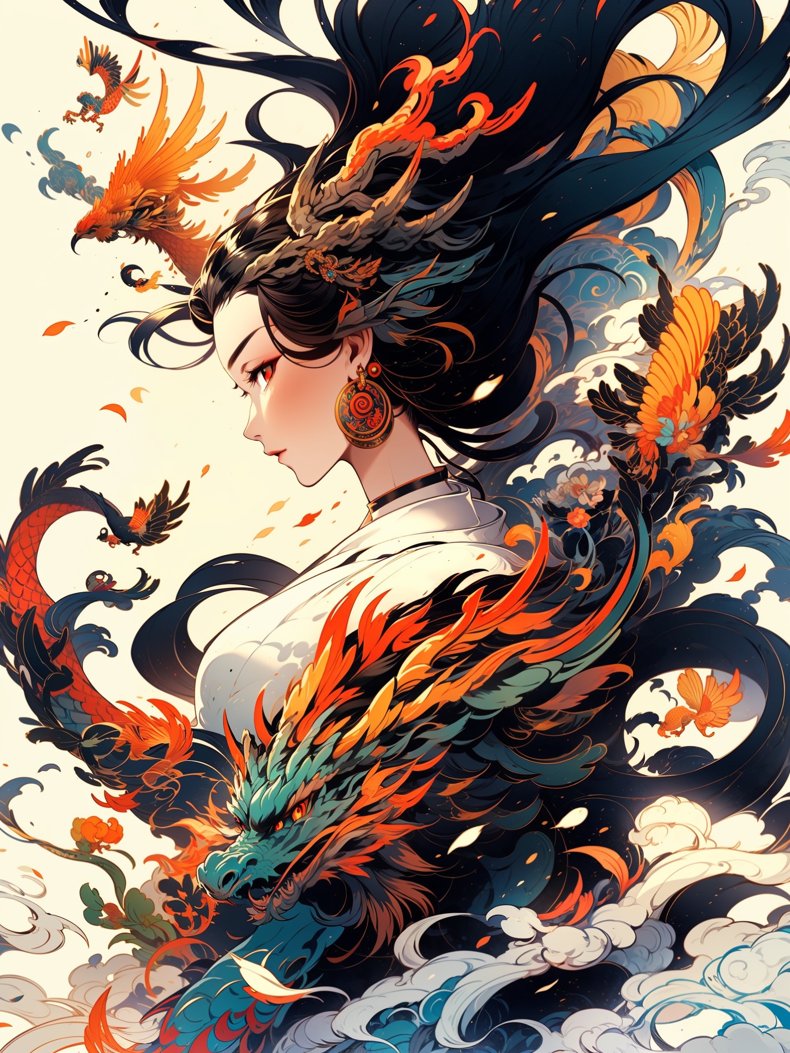 1girl, long hair, black hair, jewelry, earrings, profile, solo, dragon, upper body, hair ornament, red eyes, horns, from side, eastern dragon, bird, floating hair, nail polish