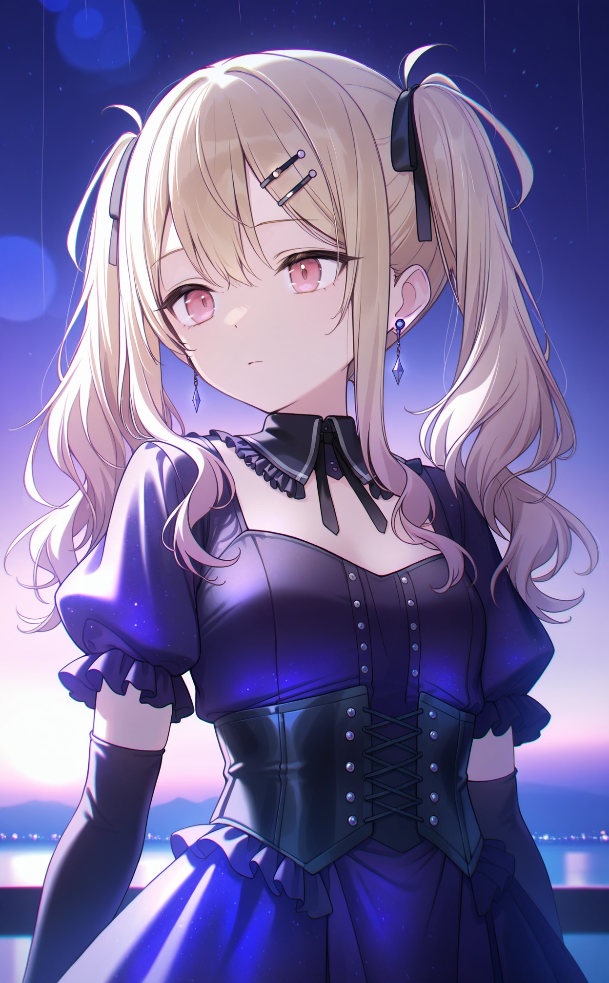 masterpiece,very aware,(highres),absurdres,newest,best quality,high quality,chromatic_aberration,White Theme,lightblue Theme,//,solo, jewelry, 1girl, gloves, star \(sky\), corset, hair ornament, earrings, dress, sky, short sleeves, twintails, hairclip, elbow gloves, starry sky, official alternate costume, black gloves, cross-laced clothes, night, long hair, puffy short sleeves, night sky, closed mouth, black corset, pink eyes, puffy sleeves, black dress, official alternate hairstyle, upper body, cross-laced dress, looking to the side, purple theme, akiyama mizuki, expressionless, frilled sleeves, purple sky, sidelocks, gradient sky, neck ribbon, detached collar, looking afar, frills, ribbon, blonde hair, outdoors, dot nose, wavy hair, purple dress, hair between eyes, rain, black ribbon//,absurdres,newest,very aesthetic,amazing quality,highres,sensitive,ultra detailed,best anatomy,HDR,8K,high detail RAW color art,high contrast,illustration,depth of field,(colorful),phenomenal aesthetic,detailed light,blurred picture,Tyndall effect,contrast,lens flare,cinematic lighting,//,<lora:timmoo——【noob】hans:1>,