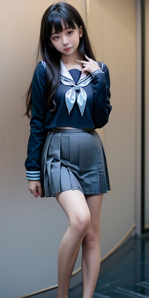 film,young girl,school uniform,long hair,black hair,skirt,serafuku,looking at viewer,sailor collar,outdoors,bangs,long sleeves,hand on own chin,pleated skirt,day,blunt bangs,shirt,black eyes,blue neckerchief,black skirt,white shirt,