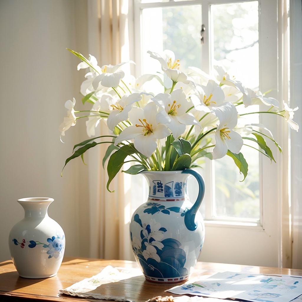 window, (Chinese painting), ((close-up)), white perfume lily, no humans,traditional media,vase, scenery,shadow,still life,leaf,painting,medium,indoors  <lora:窗台:0.8>