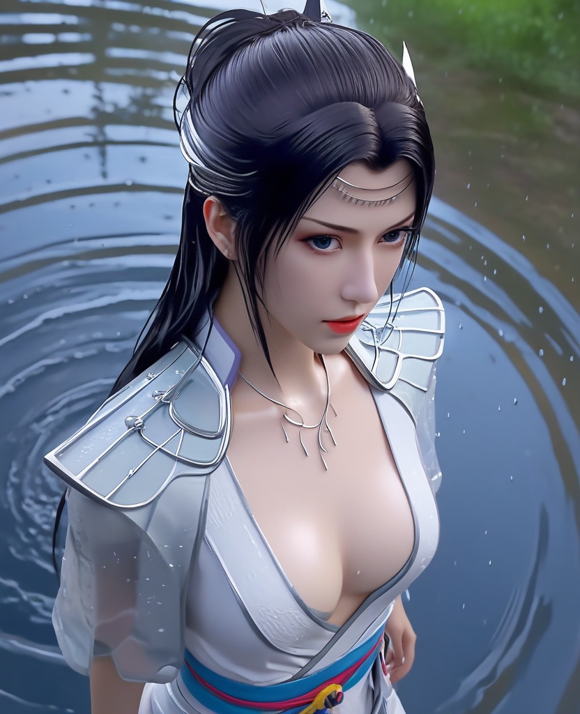 <lora:576-DA-XL-斗破苍穹-云韵-白服:0.8>(,1girl, ,best quality, ),looking at viewer,  ,(Highest picture quality), (Master's work), full body, (ultra-detailed), the portrait is centered, 1girl, raiden shogun, nsfw, (wet clothes), blush, bare hips, (sheer shirt), (from above:1.7), (translucent dress), water drop, (rain), (outdoors), stained, wet hair, wet dress, wet, scenery, (long hair), nature background, close up, ((on back)), water,masterpiece, best quality, ultra high res, highly detailed, (abstract expressionism art:1.4), [girl | fire ghost:10], love,, dark rainbow theme, colorful, visually stunning, beautiful, gorgeous, emotional, intricate, perferct shading, rainbow hair,upper body,(cleavage),