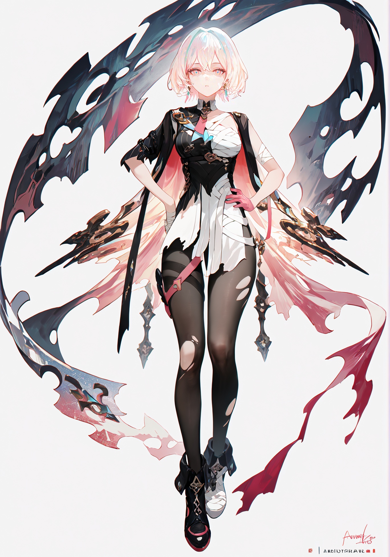 score_9, score_8_up, score_7_up, score_6_up, 8k, 8k, best quality, masterpiece, (ultra-detailed:1.1), (high detailed skin), (full body), ( white background:1.3), standing, looking at viewer, (solo), hand on hip, <lora:Lantern-pony-Tanger:0.8>, dengsfl, broken clothes, torn clothes, multicolored hair, 1girl, multicolored eyes, bandages, bandaged arm, pantyhose, black footwear, pink gloves, single glove, torn pantyhose, short hair, (beautiful_face), ((intricate_detail)), clear face, ((finely_detailed)), fine_fabric_emphasis, ((glossy)), full_shot, <lora:agm-artist-richy-v1_pdxl:0.7>, 