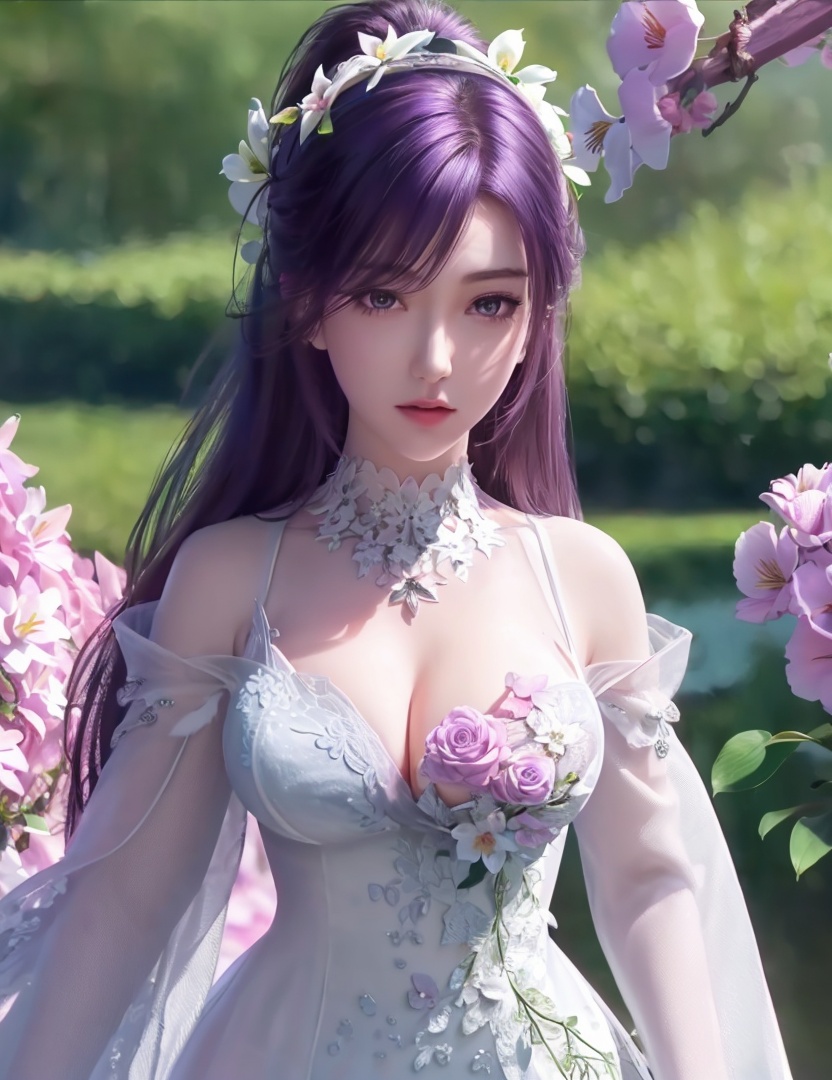 <lora:520-DA-诛仙CG-陆雪琪:0.8>(,1girl, ,best quality, ),looking at viewer,  ,ultra detailed 8k cg,ultra detailed background,ultra realistic 8k cg,1girl, solo,(bare shoulders:0.85),(masterpiece, best quality),((oil painting style)),sexy young lady,(beautiful face and eyes),(upper body:1.5),(whole body:1.05),(single person:1.2),surrounded by flowers, (lily), roses, floret, vegetation, white, purple, purplish pink,Impressionism,colorful,(Breast size:1.3),(cleavage),