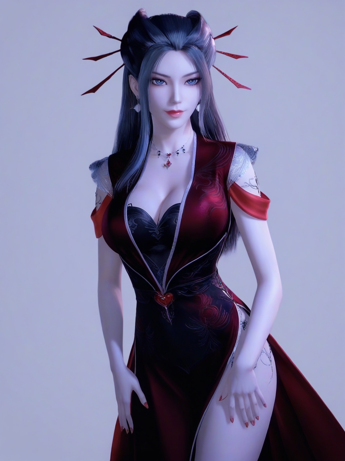 score_9,1girl,solo,dress,long hair,standing,earrings,hair ornament, eyelashes, large breasts, standing,lipstick,cowboy shot, looking at viewer,simple background,<lora:SF_YanLingJiRedClothes_Pony_Realism2.3-000004:0.7>,