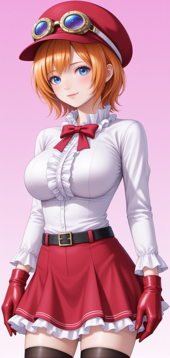 <lora:2.5D克尔拉6:1.1>,keerla,1girl,solo,gloves,thighhighs,blue eyes,skirt,hat,orange hair,breasts,goggles on headwear,frills,red skirt,short hair,white shirt,shirt,looking at viewer,black thighhighs,goggles,smile,red headwear,long sleeves,zettai ryouiki,large breasts,gradient background,belt,cowboy shot,red bow,pink background,bowtie,miniskirt,frilled skirt,bow,closed mouth,center frills,frilled shirt,red bowtie,blush,standing,red gloves,1,cover,simple background,gradient background,close-up details,outstanding style,adding a touch of dimension to your images without compromising details,close-up,<lora:DJ滤镜_2.5D版:0.3>,lvjing,<lora:油画唯美滤镜15:0.3>,baoshi,