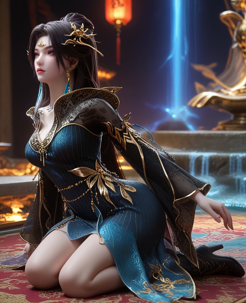 (oriental architecture, elegant decor, sophisticated style:1.1),(Kneeling on the floor, palms flat against the ground as if to steady herself after a passionate dance, she radiates a post-coital radiance and unrestrained passion:1.1),From behind, highlighting the back of the subject and their environment,(large breasts:1.2),<lora:XL16云深不知梦羲和第9集:0.95>,miss xihe,ombre gown,yellow eyes,forehead jewel,black hair,absurdly long hair,traditional chinese updo with long cascading hair,hair ornament,jewelry,earrings,wide sleeves,boots,eyeshadow,, score_9,score_8_up,score_7_up,score_6_up,score_5_up,score_4_up,3d rendering,tag1,tag2, Cinematic Lighting,backlighting,