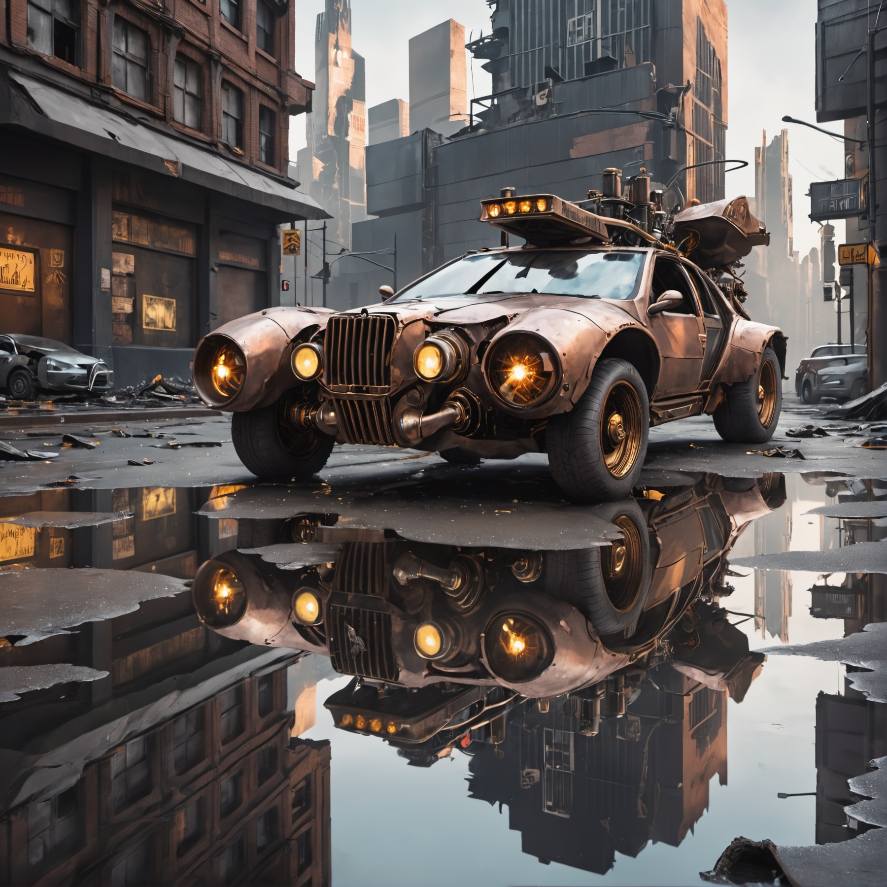 photo of a futuristic steampunk car,  destroyed cyberpunk city,  reflective puddles on Tensor.Art