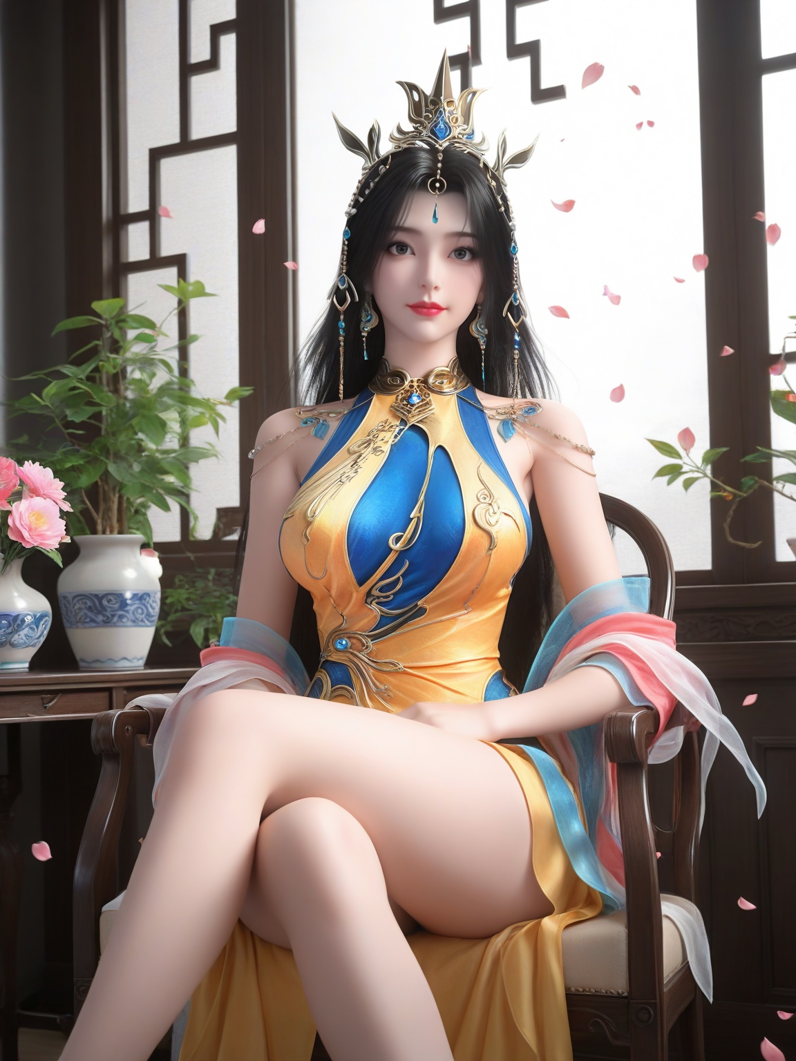 masterpiece,ultra-HD,photorealistic,high detail,best quality,8k,best quality,sharp focus,ray-tracing,1girl,breasts,large breasts,long hair,hair ornament,black hair,soft smile,lipstick,dress,bare legs,falling petals,eyelashes,solo,looking at viewer,sitting,chair,enchanting expression,red lips,Flower Potted Plants,<lora:SF_HuangNv_ILv4050_Real-000004:0.75>,