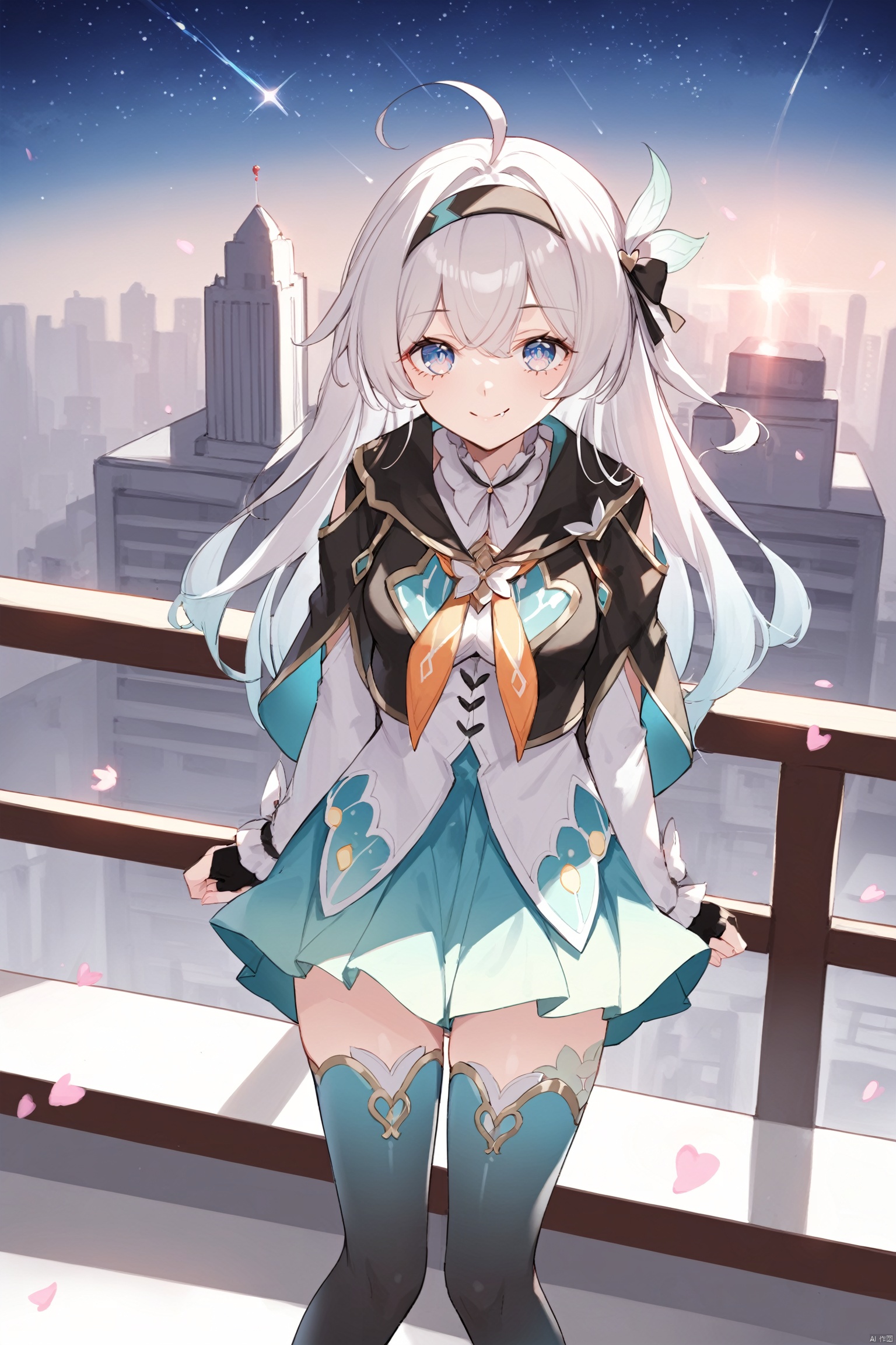 score_9,score_8_up,score_7_up,best quality,masterpiece,source_anime,\\\\\\\\\\\\nai3, 1girl, solo, ahoge, virtual youtuber, , flower, looking at viewer, smile,bangs,between legs, :d, fang, \\\\\\\\\\\\\\The girl on the top of the building, the starry sky, the meteor crossed, the city skyline behind her was extremely beautiful, the breeze was blowing, the girl's heart was confused, her face was red, and she stroked her hair\\\\\\\\\\\\\Top view, panorama, fisheye lens,\\\\\\\\\\\\\\liuying,def clothe,1girl,black thighhighs,blue eyes,hairband,long hair,black hairband,fingerless gloves, skirt<lora:EMS-313207-EMS:0.700000>