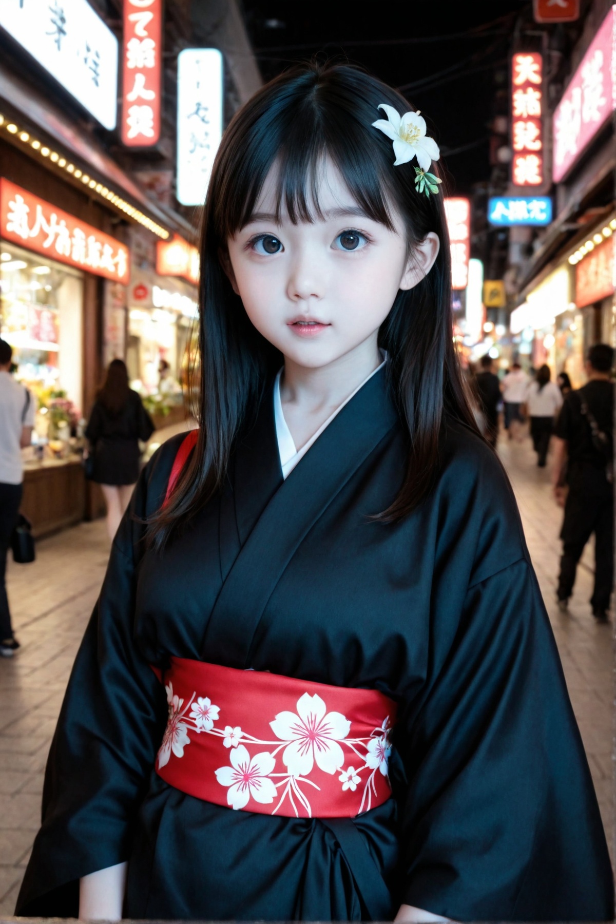 1girl,with a black kimono adorned with flowers.,Trendy K Style,neon lighting,highly detailed,ultra-high resolutions,32K UHD,best quality,masterpiece,<lora:DBloli_V2_1008A>,wide eyes,