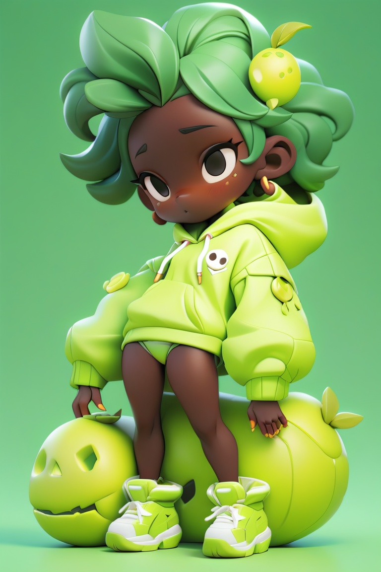 chibi,(A African black woman, green bobcut hair style) holding a green lemon,( Her decked out in an green lemon themed ensemble),complete with (green bikini and hoodie) . Her laid-back demeanor contrasts with the vibrant,spooky accessories. ((on a pure light green background)),, (masterpiece,best quality:1.2)