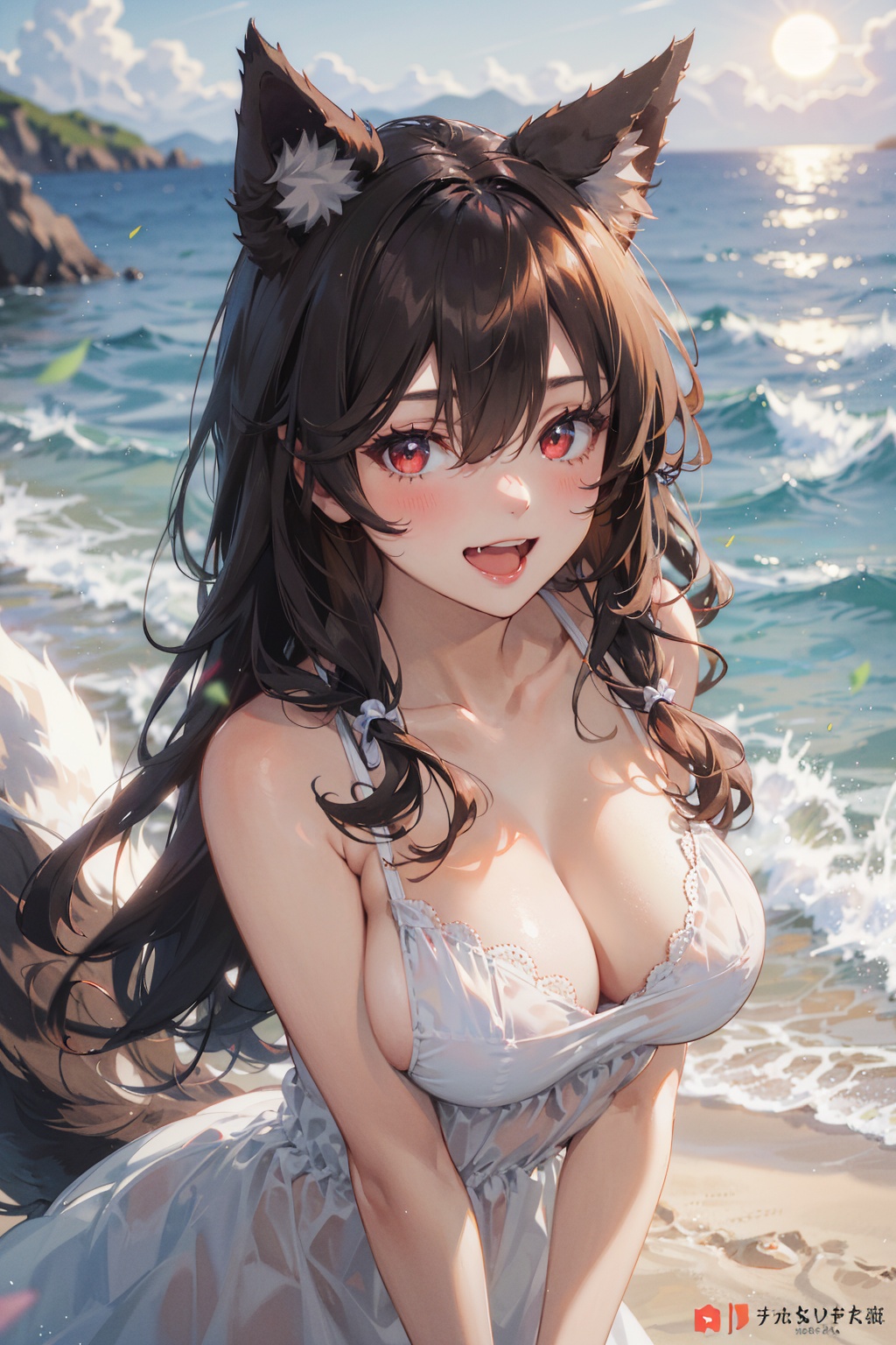 masterpiece,best quality,1girl,solo,looking at viewer,brown hair,hair between eyes,bangs,very long hair,red eyes,wolf ears,wolf tail,blush,open mouth,smile,:d,fang,large breasts,bare shoulders,(white sundress),upper body,leaning forward,outdoors,sun,sea,beach,day,blurry background,