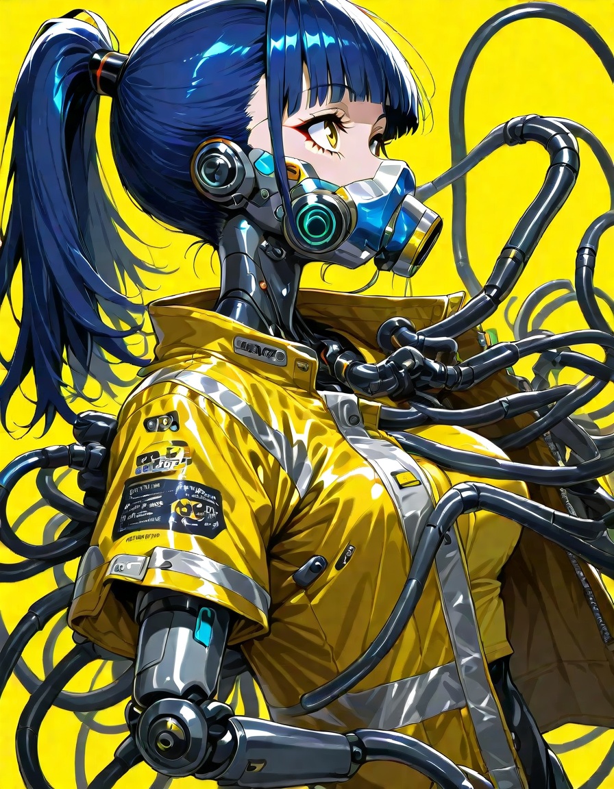 score 9,score 8 up,score 7 up,dutch angle,scenery,1girl,solo,long_hair,breasts,bangs,simple_background,shirt,medium_breasts,blue_hair,jacket,yellow_eyes,upper_body,ponytail,short_sleeves,shiny,blunt_bangs,from_side,profile,mask,headgear,yellow_background,yellow_shirt,android,joints,cable,yellow_jacket,mechanical_arms,cyborg,robot_joints,yellow_theme,cyberpunk,mechanical_parts,respirator,mechanical_ears,