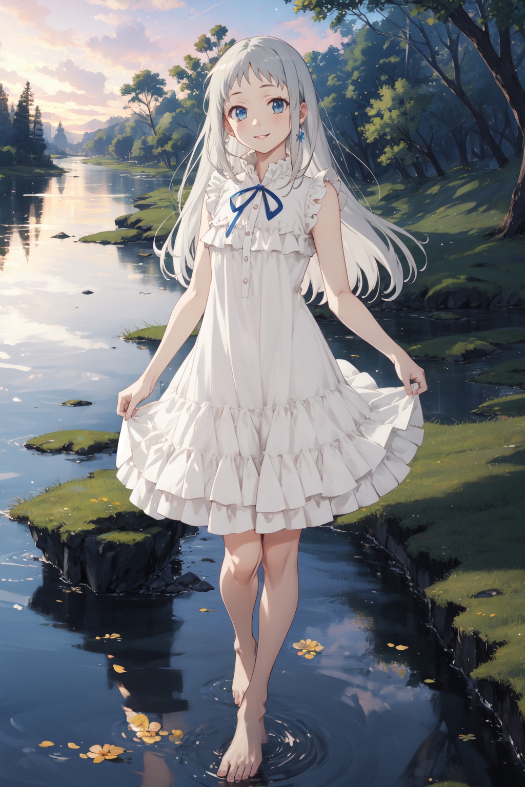<lora:Menma-000015:0.9>,Menma CYQL,1girl,looking at viewer,solo,long hair,grey hair,blue eyes,smile,dress,ribbon,sleeveless,sleeveless dress,white dress,barefoot,full body,standing,frills,cowboy_shot,Mangroves, Swamp, Mud, Roots, Tidal channels, Crabs, Mosquitoes, Biodiversity,(Roses, Tea roses, Tea table, Vintage teacups, Tea party, English charm:0.5),beautiful detailed sky,beautiful detailed glow,posing in front of a colorful and dynamic background,masterpiece,best quality,beautiful and aesthetic,contrapposto,female focus,wallpaper,
